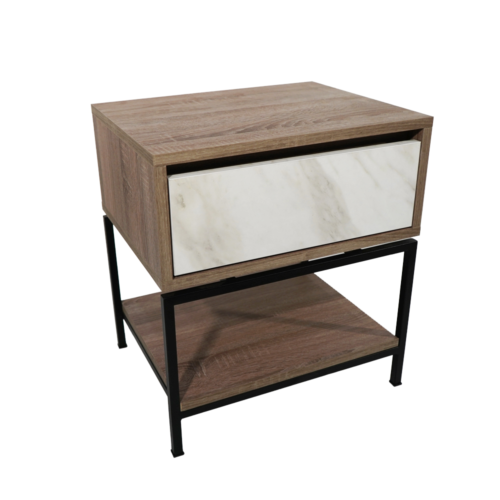 ξυλινο μαρμαρο ξυλινη μαυρη βαση Κομοδίνο Komo-Woodtex με Υφασμάτινο Συρτάρι & Μαύρη Μεταλλική Βάση - Image 1