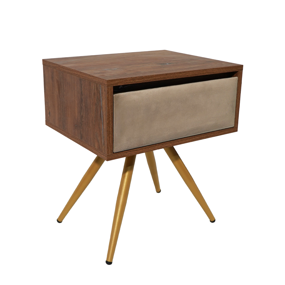 ξυλινο μπεζ χρυσα ποδθα 3 Κομοδίνο Komo-Nord Mε Υφασμάτινη Λεπτομέρεια & Χρυσή Μεταλλική Βάση - Image 1