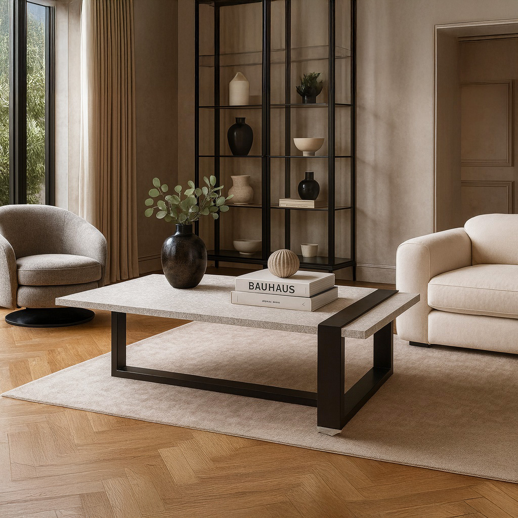 1024_022 ΤΡΑΠΕΖΙ ΣΑΛΟΝΙΟΥ SKANDER ΜΕ ΜΕΤΑΛΛΙΚΟ ΣΚΕΛΕΤΟ & ΕΠΙΦΑΝΕΙΑ ΑΠΟ ΜΕΛΑΜΙΝΗ ΜΕ ΥΦΗ ΜΑΡΜΑΡΟΥ ΣΕ ΛΕΥΚΟ - Image 1