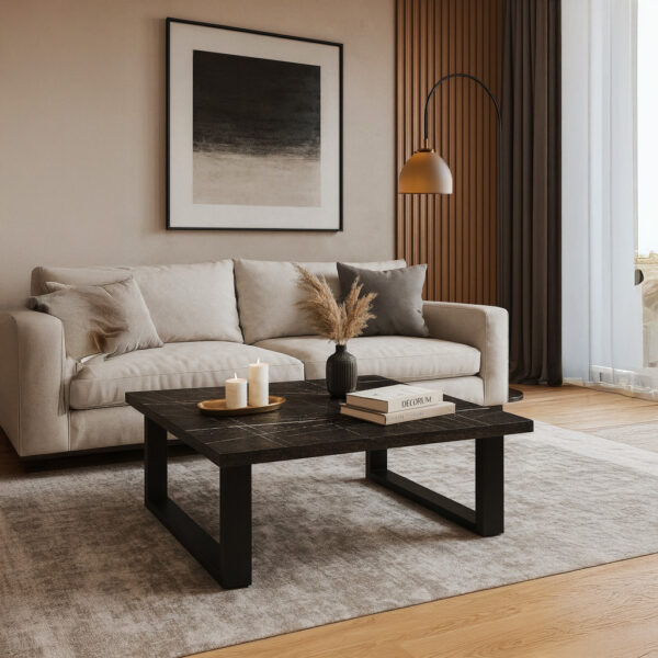 ΤΡΑΠΕΖΙ ΣΑΛΟΝΙΟΥ VERTO ΜΕ ΜΕΤΑΛΛΙΚΟ ΣΚΕΛΕΤΟ & ΕΠΙΦΑΝΕΙΑ ΑΠΟ ΜΕΛΑΜΙΝΗ ΣΕ ΟΨΗ ΜΑΥΡΟΥ ΜΑΡΜΑΡΟΥ