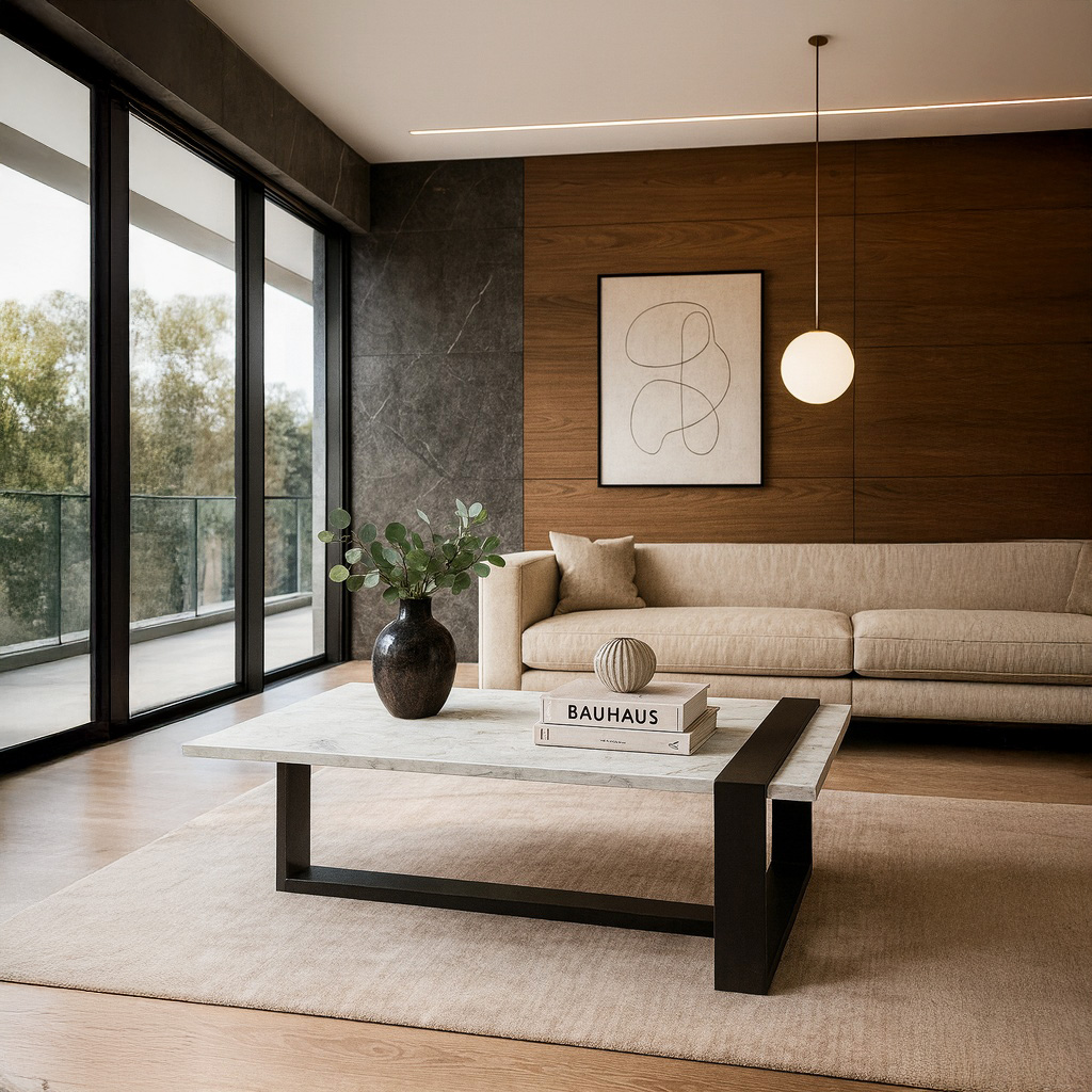 1024_7775 ΤΡΑΠΕΖΙ ΣΑΛΟΝΙΟΥ SKANDER ΜΕ ΜΕΤΑΛΛΙΚΟ ΣΚΕΛΕΤΟ & ΕΠΙΦΑΝΕΙΑ ΑΠΟ ΜΕΛΑΜΙΝΗ ΣΕ ΟΨΗ ΛΕΥΚΟΥ ΜΑΡΜΑΡΟΥ - Image 1