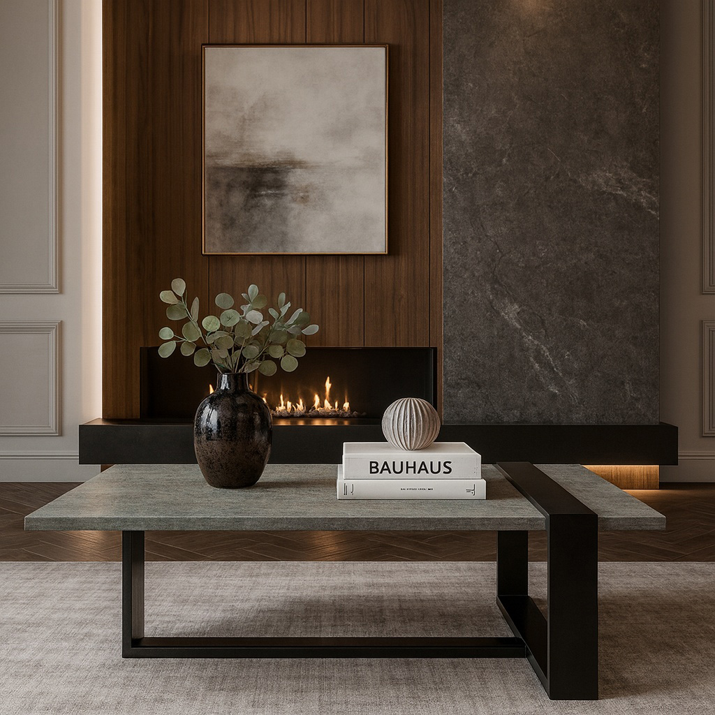 1024_K540 ΤΡΑΠΕΖΙ ΣΑΛΟΝΙΟΥ SKANDER ΜΕ ΜΕΤΑΛΛΙΚΟ ΣΚΕΛΕΤΟ & ΕΠΙΦΑΝΕΙΑ ΑΠΟ ΜΕΛΑΜΙΝΗ ΤΥΠΟΥ ΤΣΙΜΕΝΤΟ ΣΚΟΥΡΟ - Image 1