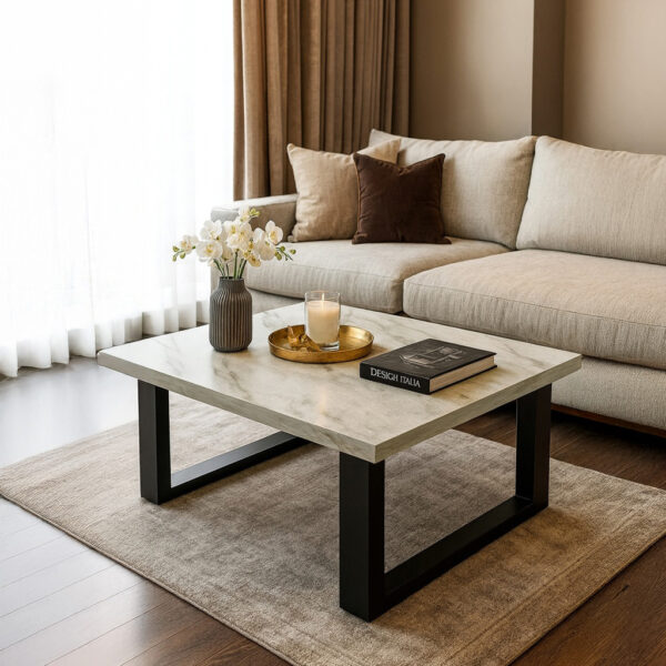 ΤΡΑΠΕΖΙ ΣΑΛΟΝΙΟΥ VERTO ΜΕ ΜΕΤΑΛΛΙΚΟ ΣΚΕΛΕΤΟ & ΕΠΙΦΑΝΕΙΑ ΑΠΟ ΜΕΛΑΜΙΝΗ ΤΥΠΟΥ ΜΑΡΜΑΡΟ ΛΕΥΚΟ ΜΕ ΜΠΕΖ ΝΕΡΑ