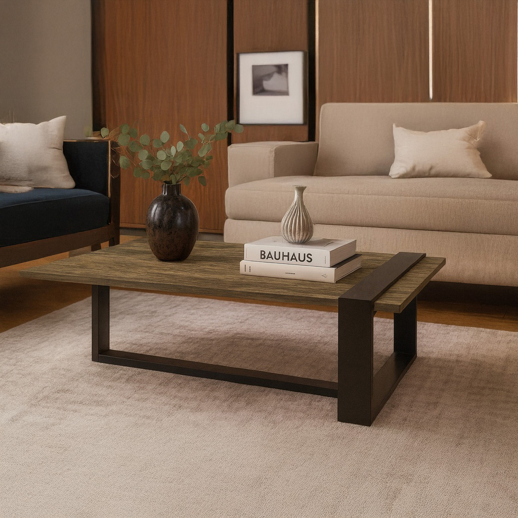 7763 ΤΡΑΠΕΖΙ ΣΑΛΟΝΙΟΥ SKANDER ΜΕ ΜΕΤΑΛΛΙΚΟ ΣΚΕΛΕΤΟ & ΕΠΙΦΑΝΕΙΑ ΑΠΟ ΜΕΛΑΜΙΝΗ ΣΕ ΣΚΟΥΡΑ ΚΑΦΕ ΑΠΟΧΡΩΣΗ - Image 1