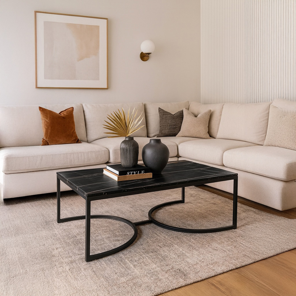 7767 ΤΡΑΠΕΖΙ ΣΑΛΟΝΙΟΥ ATLAS ΜΕ ΜΕΤΑΛΛΙΚΟ ΣΚΕΛΕΤΟ & ΕΠΙΦΑΝΕΙΑ ΑΠΟ ΜΕΛΑΜΙΝΗ ΣΕ ΟΨΗ ΜΑΥΡΟΥ ΜΑΡΜΑΡΟΥ - Image 1