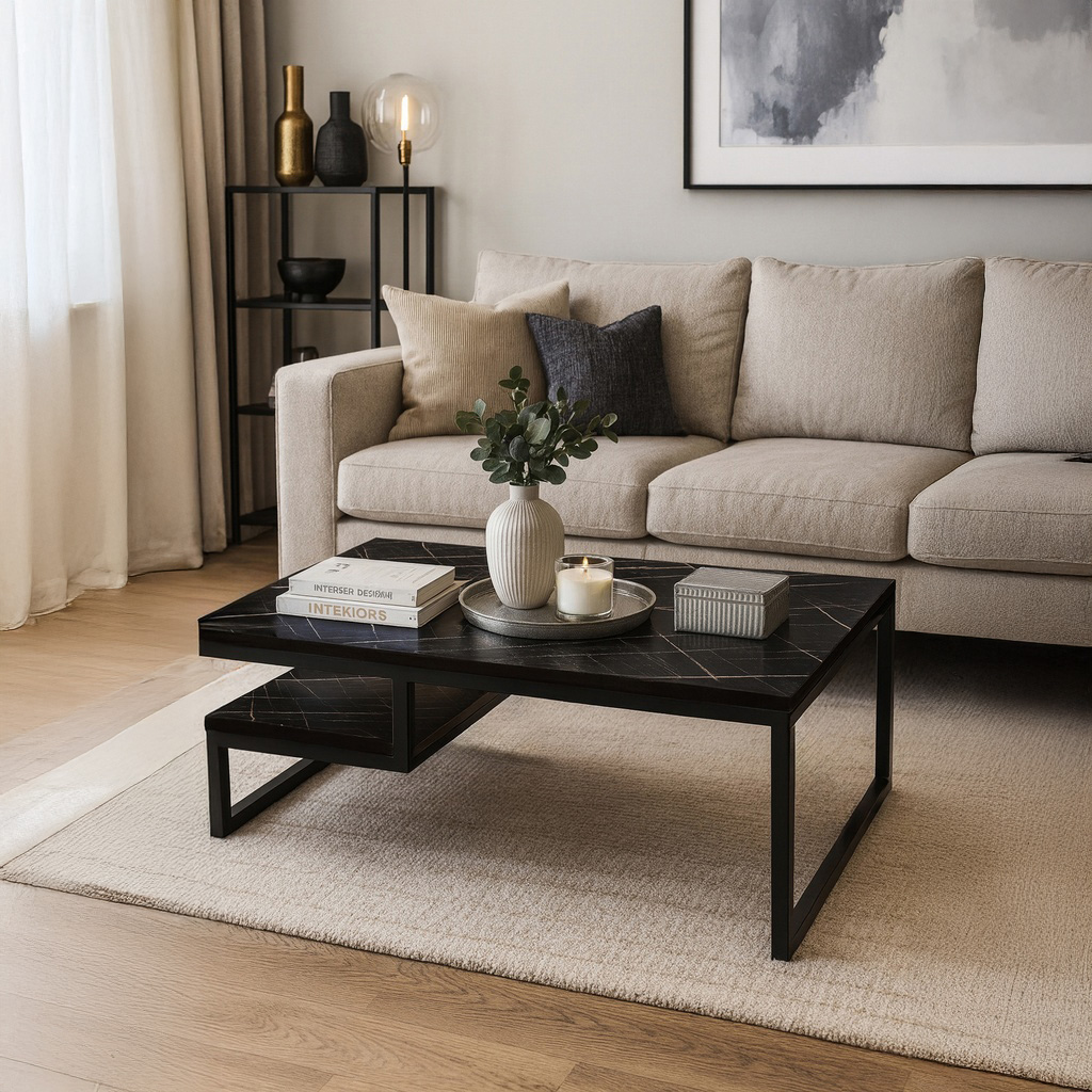 7767 ΤΡΑΠΕΖΙ ΣΑΛΟΝΙΟΥ JANGO ΜΕ ΜΕΤΑΛΛΙΚΟ ΣΚΕΛΕΤΟ & ΕΠΙΦΑΝΕΙΑ ΑΠΟ ΜΕΛΑΜΙΝΗ ΣΕ ΟΨΗ ΜΑΥΡΟΥ ΜΑΡΜΑΡΟΥ - Image 1