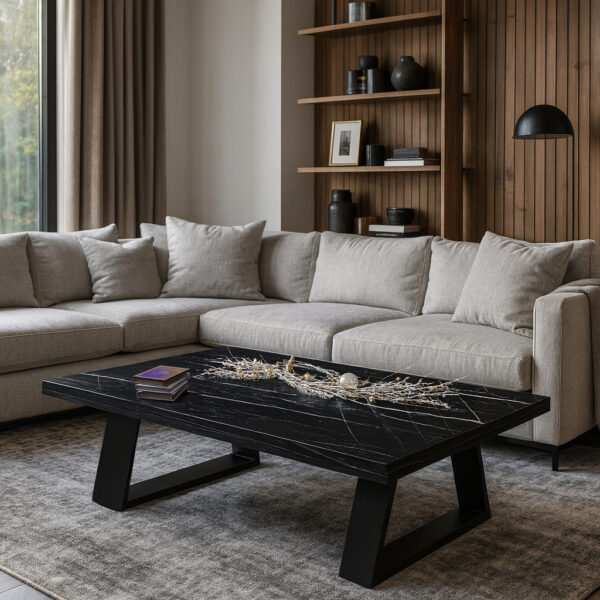 ΤΡΑΠΕΖΙ ΣΑΛΟΝΙΟΥ TRIVIO ΜΕ ΜΕΤΑΛΛΙΚΟ ΣΚΕΛΕΤΟ & ΕΠΙΦΑΝΕΙΑ ΑΠΟ ΜΕΛΑΜΙΝΗ ΣΕ ΜΑΥΡΟ ΜΑΡΜΑΡΟ