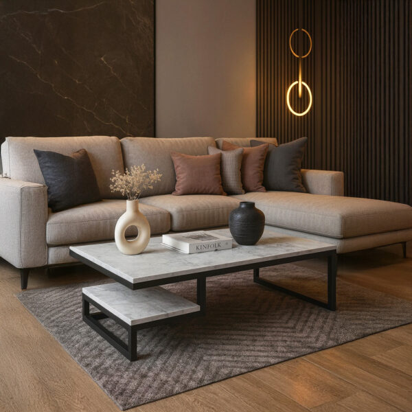 ΤΡΑΠΕΖΙ ΣΑΛΟΝΙΟΥ JANGO ΜΕ ΜΕΤΑΛΛΙΚΟ ΣΚΕΛΕΤΟ & ΕΠΙΦΑΝΕΙΑ ΑΠΟ ΜΕΛΑΜΙΝΗ ΣΕ ΟΨΗ ΛΕΥΚΟΥ ΜΑΡΜΑΡΟΥ