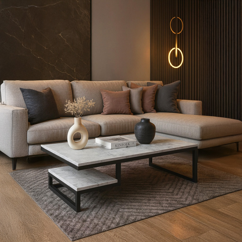 7775 ΤΡΑΠΕΖΙ ΣΑΛΟΝΙΟΥ JANGO ΜΕ ΜΕΤΑΛΛΙΚΟ ΣΚΕΛΕΤΟ & ΕΠΙΦΑΝΕΙΑ ΑΠΟ ΜΕΛΑΜΙΝΗ ΣΕ ΟΨΗ ΛΕΥΚΟΥ ΜΑΡΜΑΡΟΥ - Image 1