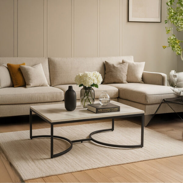 ΤΡΑΠΕΖΙ ΣΑΛΟΝΙΟΥ ATLAS ΜΕ ΜΕΤΑΛΛΙΚΟ ΣΚΕΛΕΤΟ & ΕΠΙΦΑΝΕΙΑ ΑΠΟ ΜΕΛΑΜΙΝΗ ΤΥΠΟΥ ΜΑΡΜΑΡΟ ΛΕΥΚΟ ΜΕ ΜΠΕΖ ΝΕΡΑ