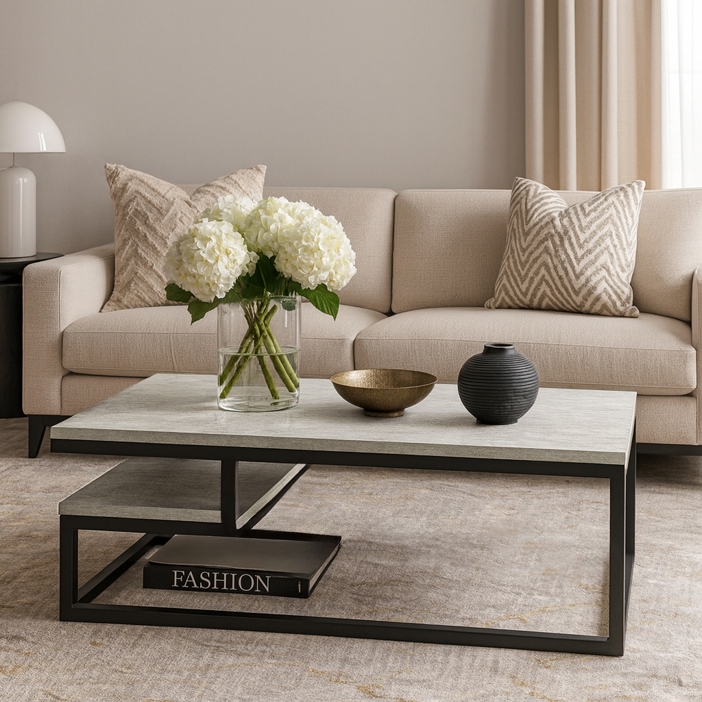 K022 ΤΡΑΠΕΖΙ ΣΑΛΟΝΙΟΥ JANGO ΜΕ ΜΕΤΑΛΛΙΚΟ ΣΚΕΛΕΤΟ & ΕΠΙΦΑΝΕΙΑ ΑΠΟ ΜΕΛΑΜΙΝΗ ΜΕ ΥΦΗ ΤΣΙΜΕΝΤΟΥ ΣΕ ΛΕΥΚΟ - Image 1