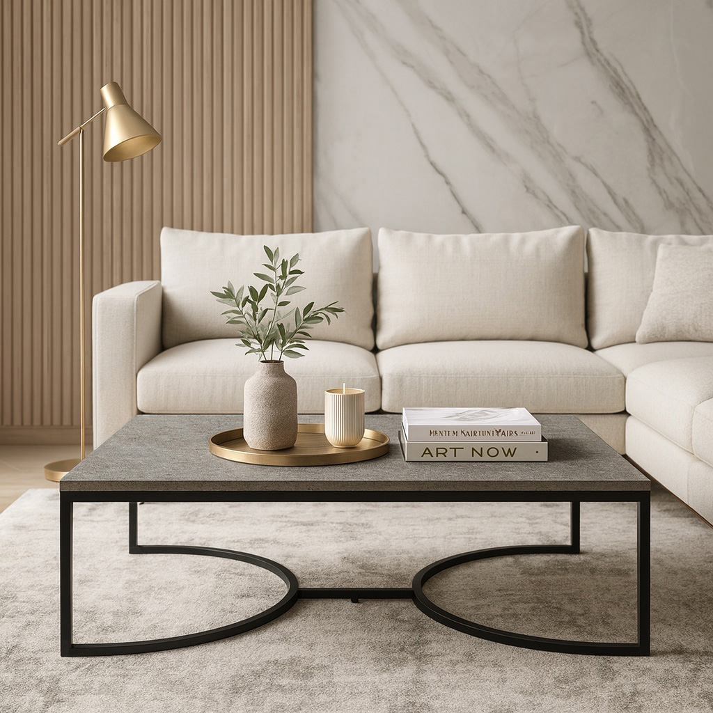 K540 ΤΡΑΠΕΖΙ ΣΑΛΟΝΙΟΥ ATLAS ΜΕ ΜΕΤΑΛΛΙΚΟ ΣΚΕΛΕΤΟ & ΕΠΙΦΑΝΕΙΑ ΑΠΟ ΜΕΛΑΜΙΝΗ ΤΥΠΟΥ ΤΣΙΜΕΝΤΟ ΣΚΟΥΡΟ - Image 1