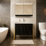 ΕΠΙΠΛΟ ΜΠΑΝΙΟΥ 7767 GOLD-PRESTIGIA 80 cm ΜΕ ΒΑΣΕΙΣ ΣΤΑ ΠΛΑΓΙΑ ΣΕ ΟΨΗ ΜΑΥΡΟΥ ΜΑΡΜΑΡΟΥ