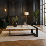 ΤΡΑΠΕΖΙ ΣΑΛΟΝΙΟΥ SKANDER ΜΕ ΜΕΤΑΛΛΙΚΟ ΣΚΕΛΕΤΟ & ΕΠΙΦΑΝΕΙΑ ΑΠΟ ΜΕΛΑΜΙΝΗ ΤΥΠΟΥ ΜΑΡΜΑΡΟ ΛΕΥΚΟ ΜΕ ΜΠΕΖ ΝΕΡΑ