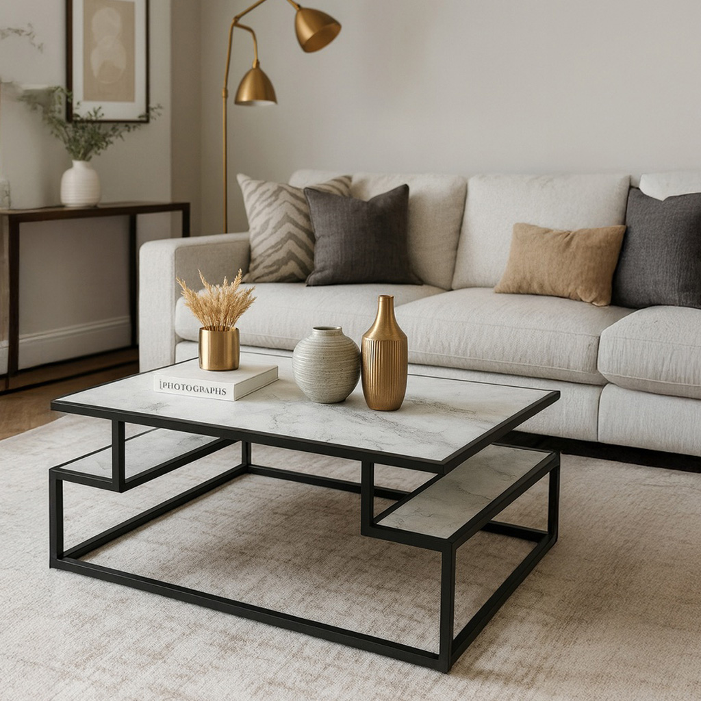 7775 ΤΡΑΠΕΖΙ ΣΑΛΟΝΙΟΥ MAIA ΜΕ ΕΠΙΦΑΝΕΙΑ ΣΕ ΟΨΗ ΛΕΥΚΟΥ ΜΑΡΜΑΡΟΥ ΚΑΙ ΜΕΤΑΛΛΙΚΟ ΣΚΕΛΕΤΟ - Image 1