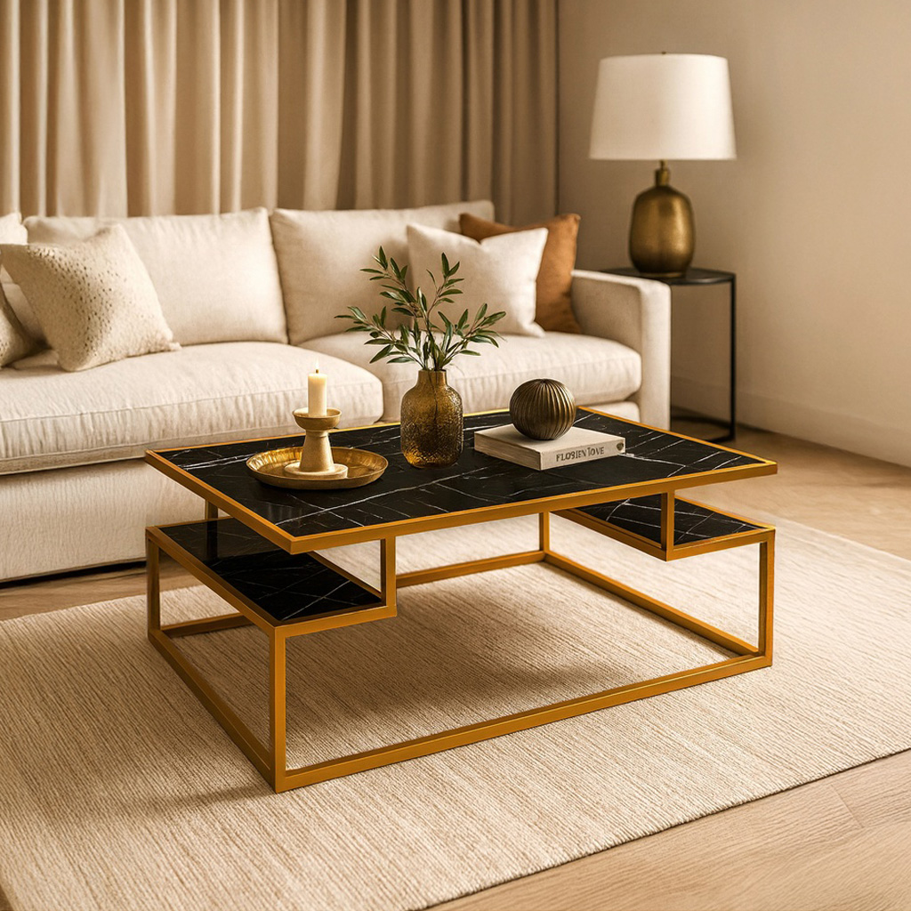 MAIA 7767 ΤΡΑΠΕΖΙ ΣΑΛΟΝΙΟΥ MAIA ΜΕ ΕΠΙΦΑΝΕΙΑ ΣΕ ΟΨΗ ΜΑΥΡΟΥ ΜΑΡΜΑΡΟΥ ΚΑΙ ΧΡΥΣΟ ΣΚΕΛΕΤΟ - Image 1