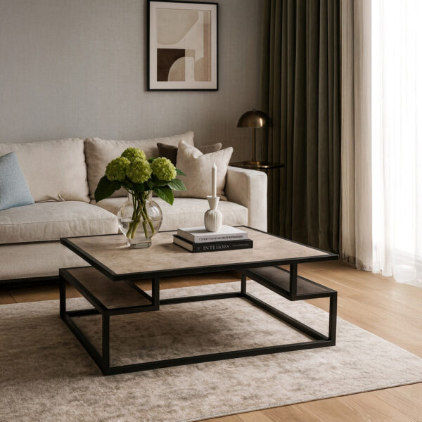 ΤΡΑΠΕΖΙ ΣΑΛΟΝΙΟΥ MAIA ΜΕ ΕΠΙΦΑΝΕΙΑ ΣΕ ΟΨΗ ΑΝΟΙΧΤΟ ΤΣΙΜΕΝΤΟ ΚΑΙ ΜΑΥΡΟ ΜΕΤΑΛΛΙΚΟ ΣΚΕΛΕΤΟ