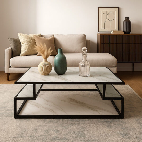 ΤΡΑΠΕΖΙ ΣΑΛΟΝΙΟΥ MAIA ΜΕ ΕΠΙΦΑΝΕΙΑ ΣΕ ΟΨΗ ΛΕΥΚΟΥ ΜΑΡΜΑΡΟΥ ΜΕ ΜΠΕΖ ΝΕΡΑ ΚΑΙ ΜΑΥΡΟ ΜΕΤΑΛΛΙΚΟ ΣΚΕΛΕΤΟ