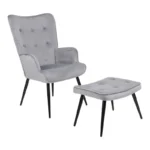 Πολυθρόνα με υποπόδιο Siella γκρι βελούδο και μαύρο μέταλλο πόδι