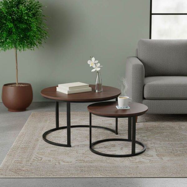 Τραπέζια σαλονιού Solme I 2τεμ σε καρυδί απόχρωση με μαύρα μεταλλικά πόδια