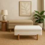 Σκαμπό μπαούλο Cindy σετ 2 τεμ μπουκλέ ύφασμα σε μπεζ και λευκή απόχρωση - Image 6