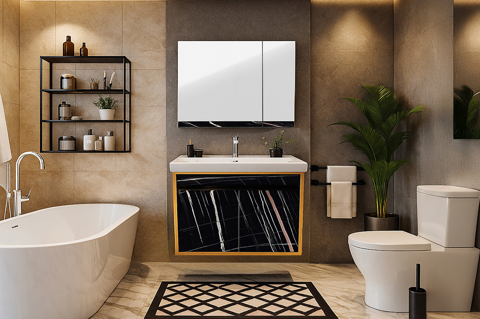 Bath1 with mirror 7767 gold 2 ΕΠΙΠΛΟ ΜΠΑΝΙΟΥ 7767 GOLD-SENSA 70 cm ΜΕ ΟΨΗ ΜΑΥΡΟΥ ΜΑΡΜΑΡΟΥ - Image 1