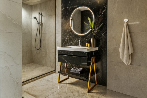 ΕΠΙΠΛΟ ΜΠΑΝΙΟΥ 7767 GOLD-OLTRE 80 cm ΣΕ ΟΨΗ ΜΑΥΡΟΥ ΜΑΡΜΑΡΟΥ ΜΕ ΡΑΦΙ