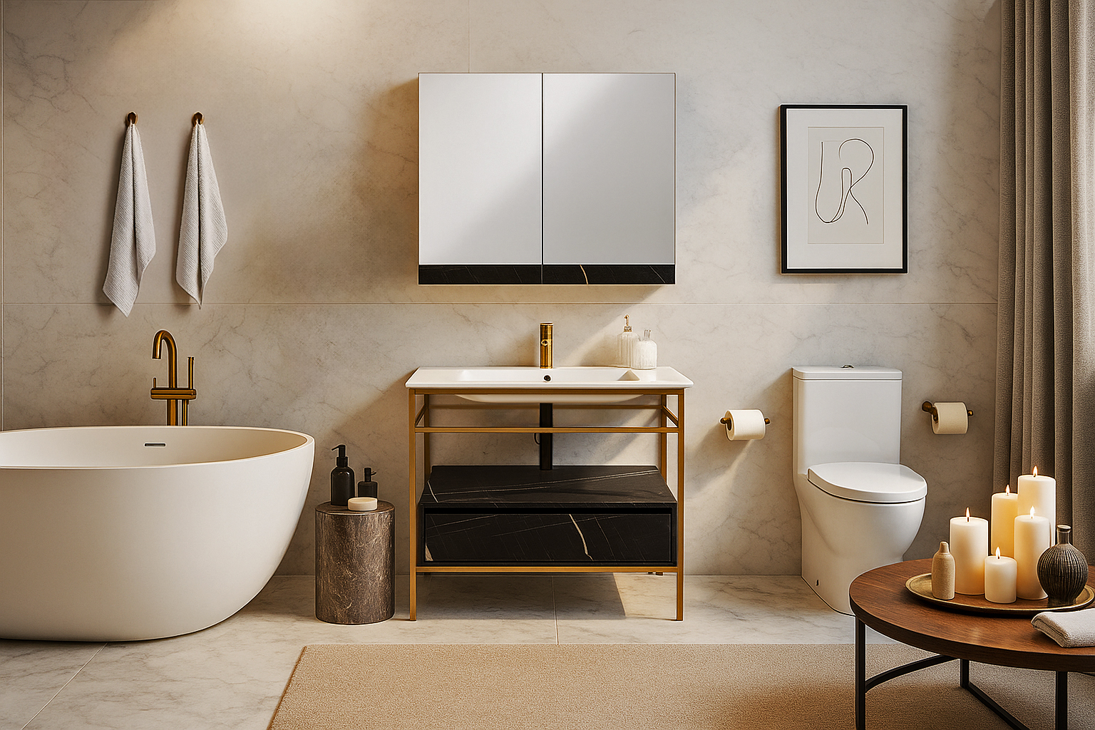 perasa-Bath1 7767 gold 100ari ΕΠΙΠΛΟ ΜΠΑΝΙΟΥ ZENOS 7767 ΠΛΑΤΟΥΣ 85cm ΣΕ ΟΨΗ ΜΑΥΡΟΥ ΜΑΡΜΑΡΟΥ - Image 1